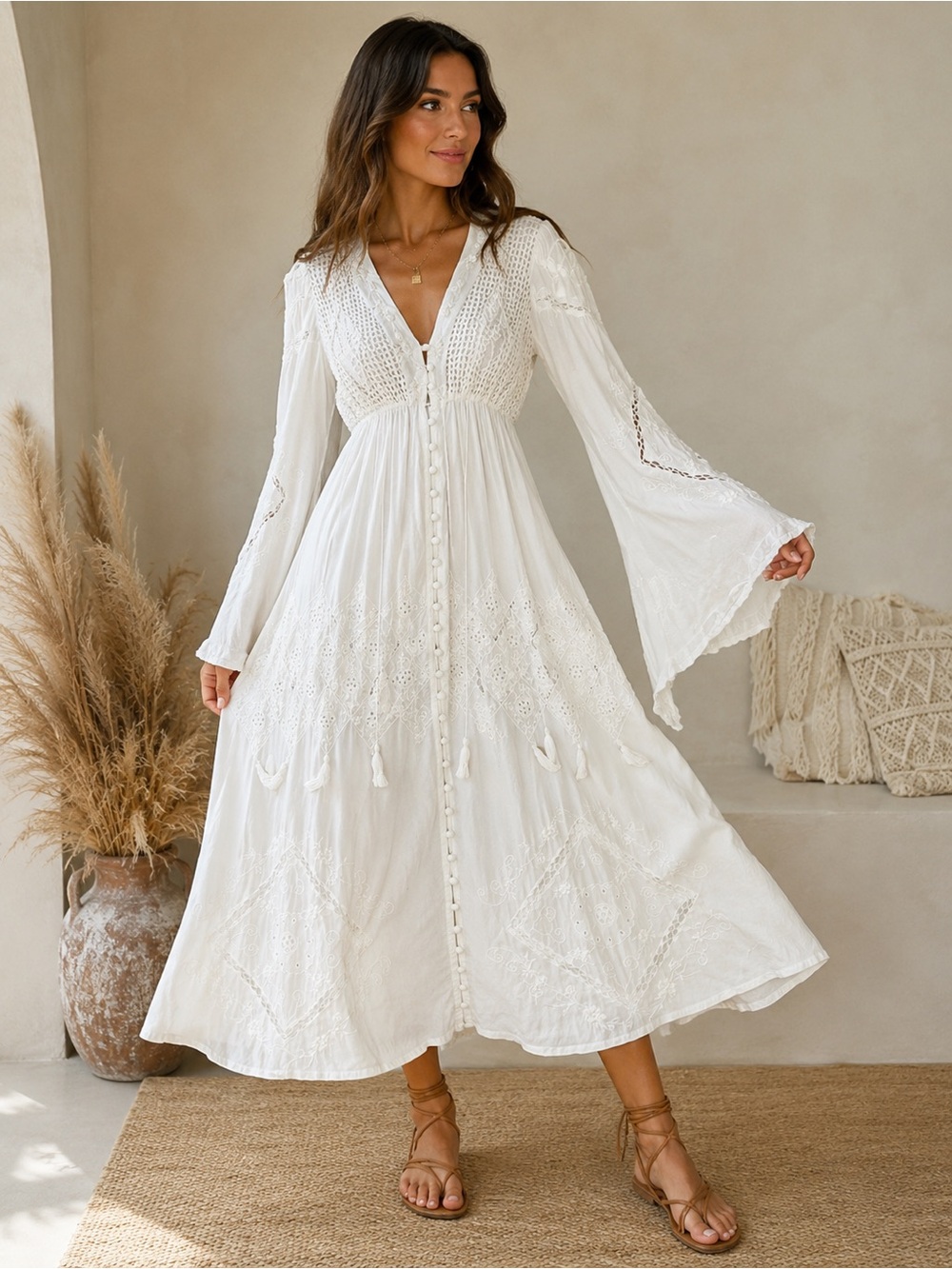Fillyboo Strawberry fields handmade embroidered Bell Sleeve Boho Maxi XS dress